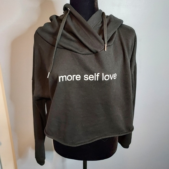 Rue 21 Cropped "More Self Love" Hoodie Black With White Words Size Large - Picture 1 of 9
